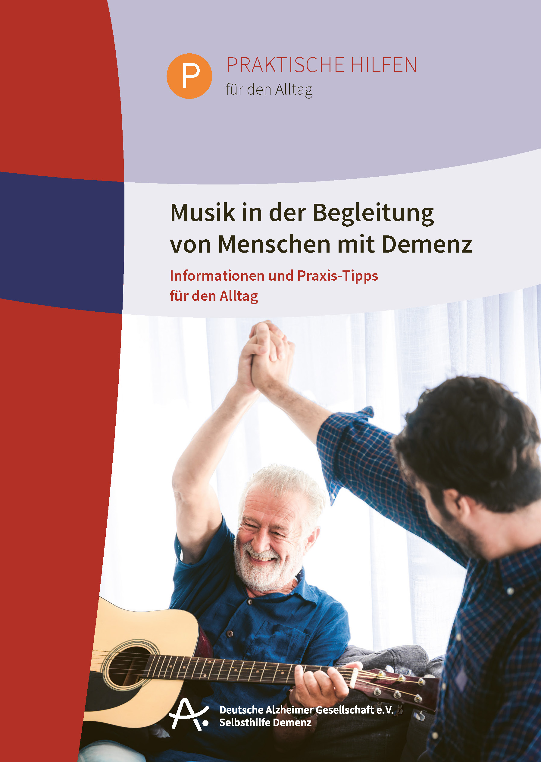 Titelabbildung: Ein alter Mann mit Gitarre und ein junger Mann haben Spaß und machen "High Five"