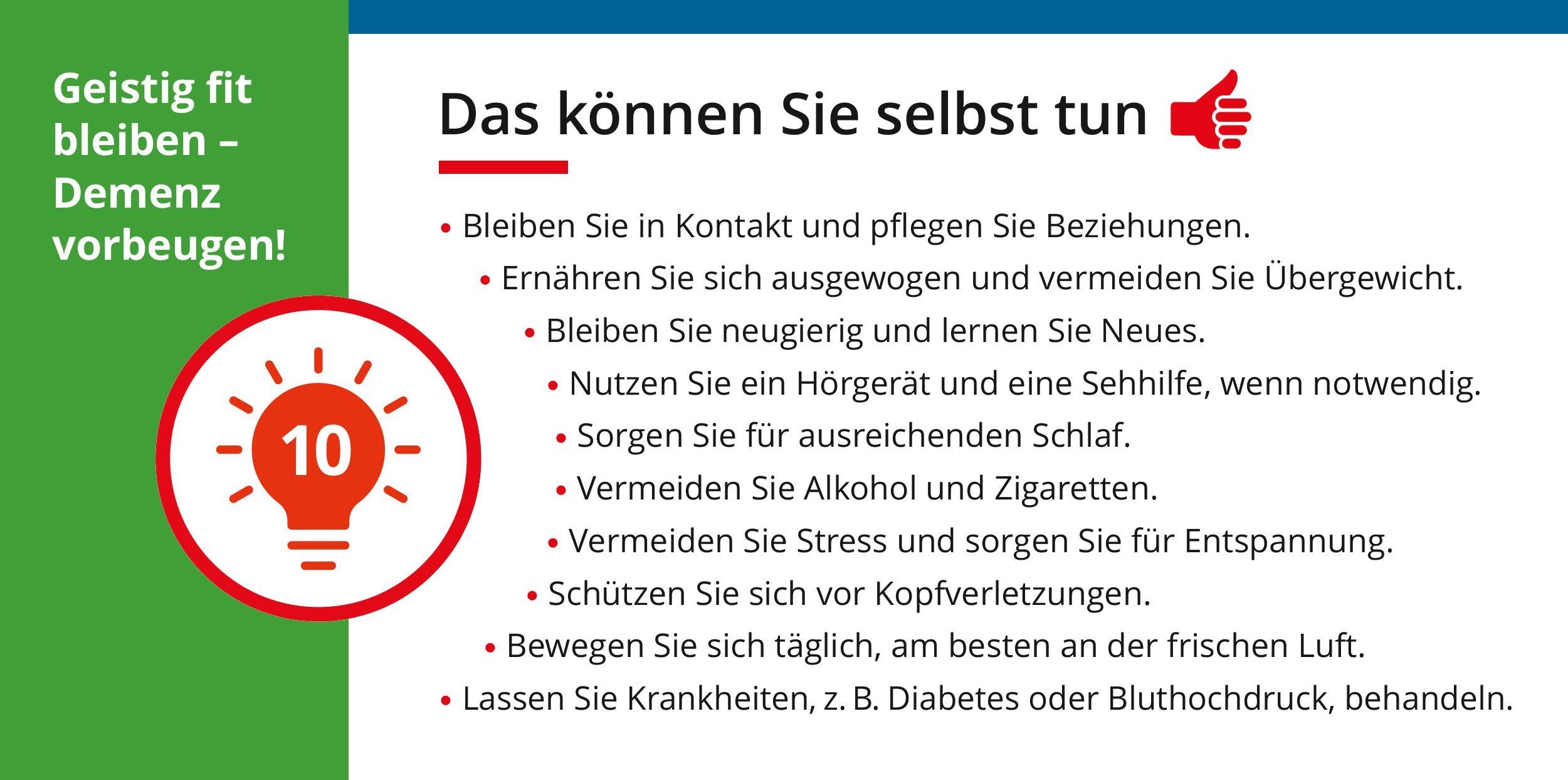 Infokarte mit 10 Tipps zur Demenzprävention